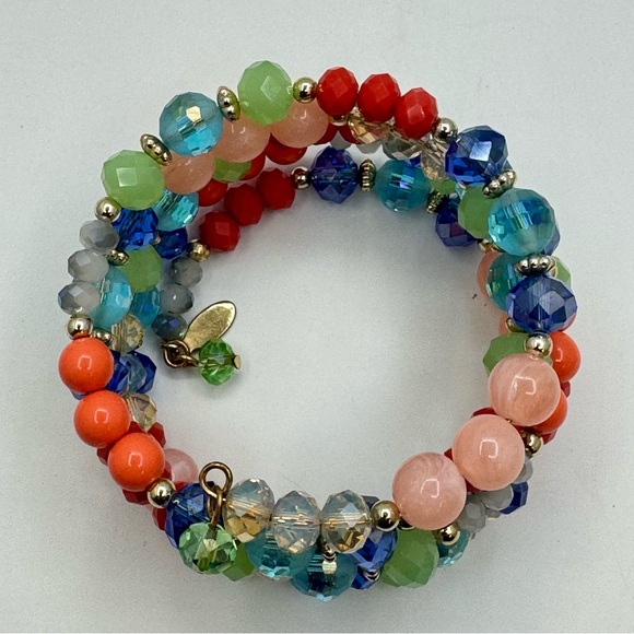 Multicolor Beaded Memory Wire Bracelet Crystal Glass Statement - Picture 2 of 7
